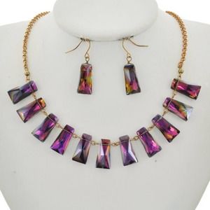 GOLD TONE & PURPLE HEMATITE NECKLACE & EARRINGS
